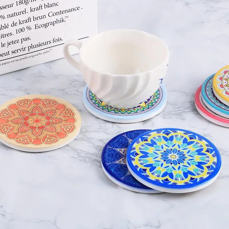 Coaster Mandala Pattern Ceramic Tea Pads Flower Cork Insulation HouseHold Coffee Sets Accessories Tableware Non-slip |