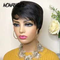 short human hair wigs pixie cut wavy short full wig with bangs perruque cheveux humain cheap natural curly wig for black women