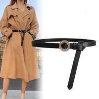 new crystal buckle genuine leather belts for women alloy circle buckles knotted belt hot long soft cowskin knot strap coat dress
