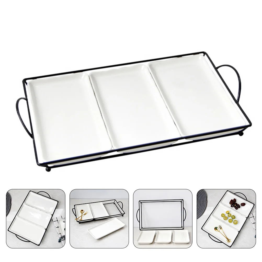 

1 Set of Compartmented Fruit Dish Food Snacks Organizing Plate with Iron Rack