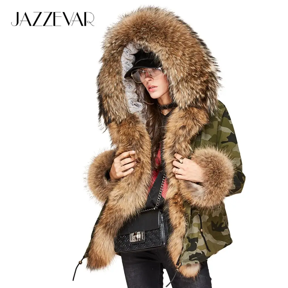 JAZZEVAR Новая высокая мода зимняя куртка женская роскошная настоящая большая енота меховой воротник мини-парка с капюшоном пальто верхняя одежда