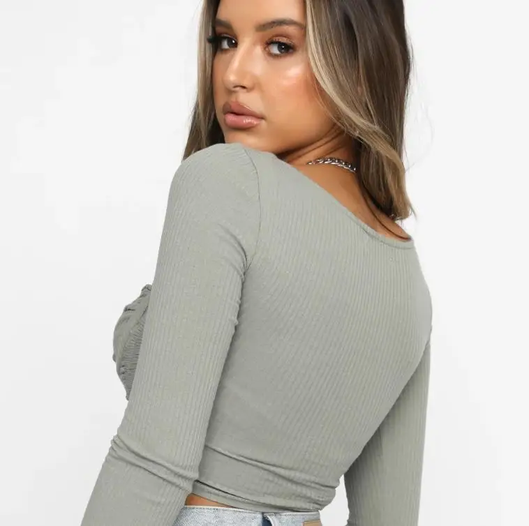 

Women Autumn Fashion Solid Color Blouse Tops Female Sexy Short Shirts Long Sleeve Drawstring Tops