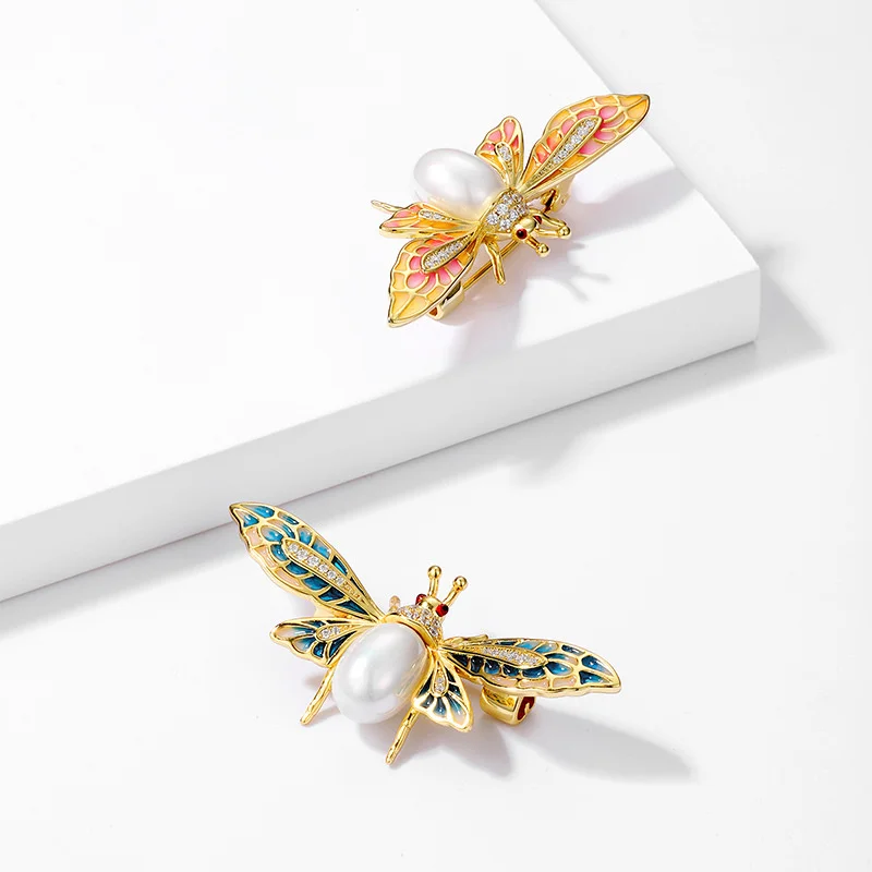 

925 sterling silver bee brooch cloisonne enamel pearl brooch high-end corsage exquisite jewelry for women Christmas gifts