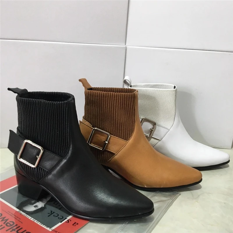 

Elastic Band New Winter 2020 Ankle Boots Women Square Heel Point Toe Studded Buckle Real Leather Short Botas Mujer
