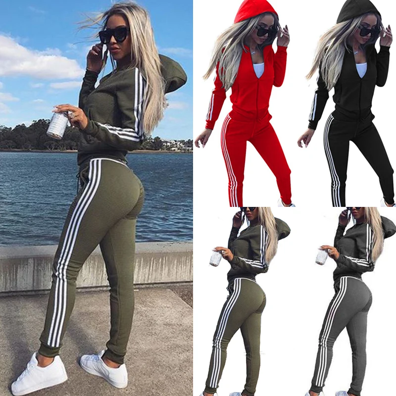 

Women Sports Leisure Suit Harajuku Clothes Hooded Sweatshirt Zipper Hoodie + long Pants Two Piece Set Female Striped Jogging Set