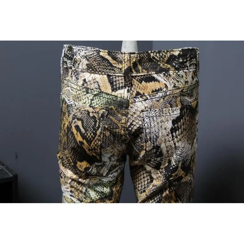 Idopy 2020 New Mens Snakeskin Printed Jeans Slim Fit Skinny Night Club Punk Cool DJ Trousers Pants Slacks For Male Plus Size | Мужская