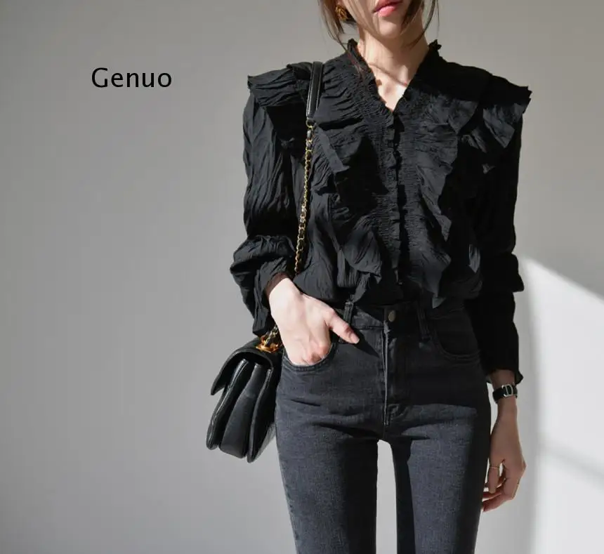 

Women Blouses New Vintage Womens Tops And Blouses Shirt Long Sleeve Solid Pleated Office Lady Feminine Blouse