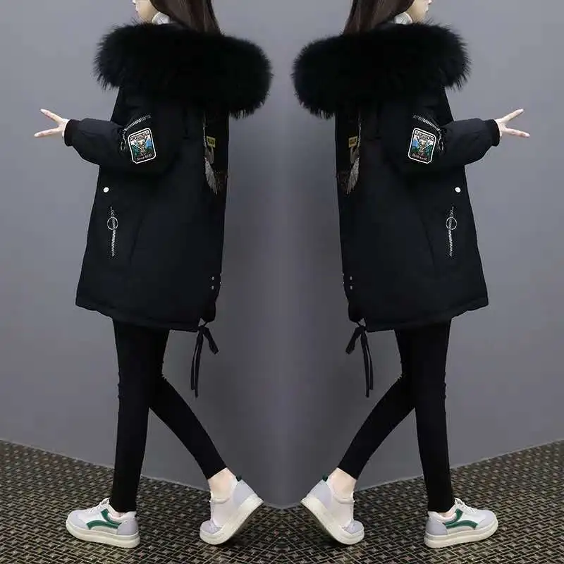 

padded jacket women's mid-length large fur collar down padded jacket plus size Korean student loose padded padded jacket women