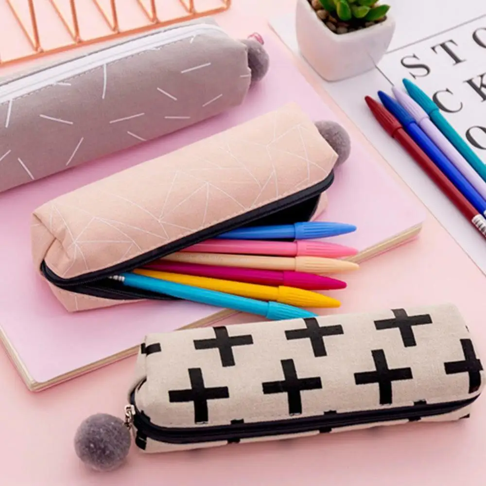 Чехол карандаш с плюшевыми шариками для девочек милая холщовая косметичка сумка