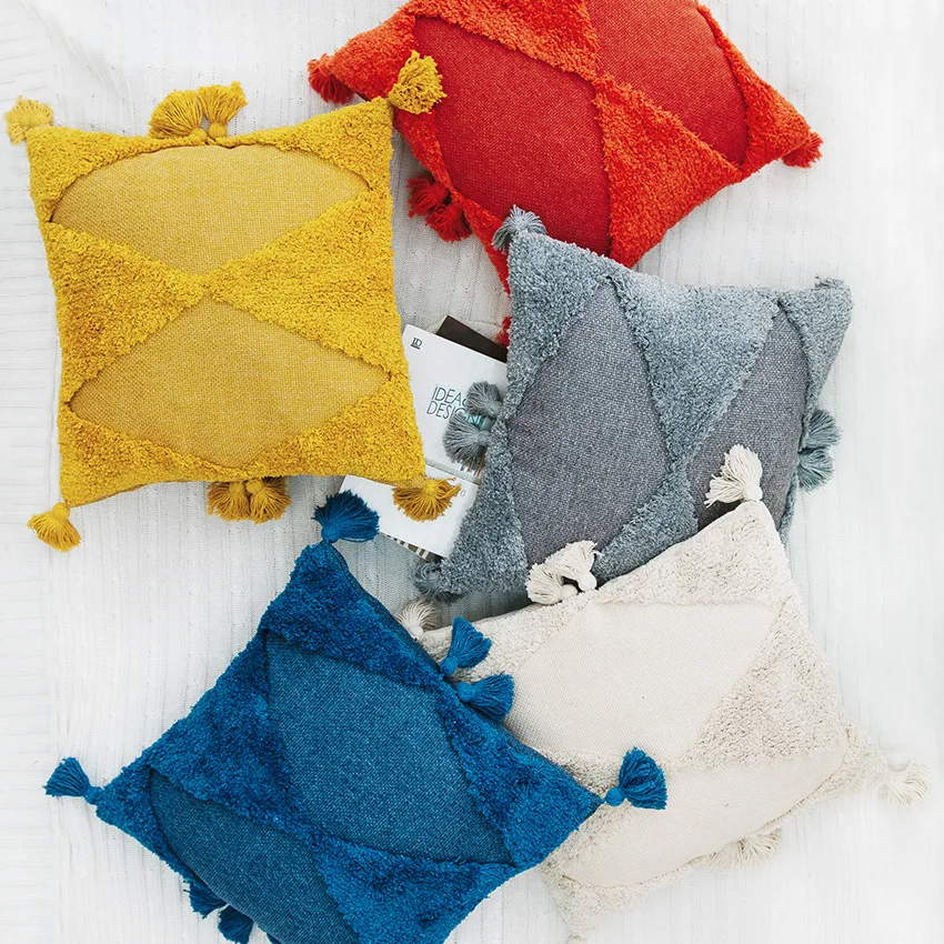 

Indian Style Embroidered Tufted Pillowcase Moroccan Style Geometric Handmade Tassel Cushion Yellow Blue Beige Pillow