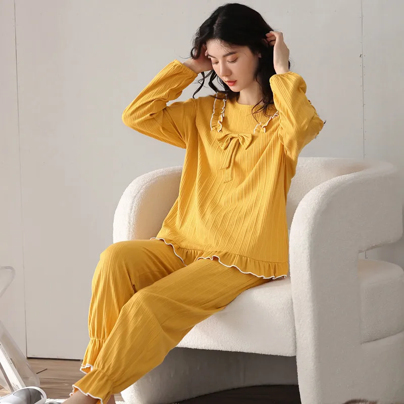 Sleepwear Women Cotton 2 Piece Pajama Set Spring Autumn Woman Princess Round Neck Long Sleeved Plus Size Korean Pajamas