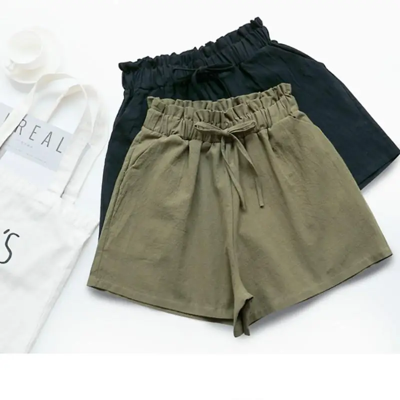 Шорты женские из хлопка и льна с завышенной талией свободные брюки широкими