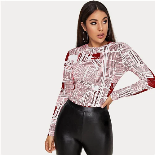 SHEIN Женская Повседневная футболка с буквенным принтом и круглым вырезом на весну и осень, облегающие уличные футболки с длинным рукавом - Цвет: Multicolor3