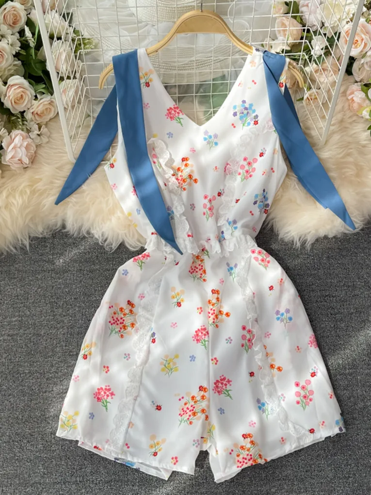 

Women's Summer New Sexy V-neck Vest Rompers Girls High Waist Wide Leg Shorts Playsuits For Casual Work Holiday