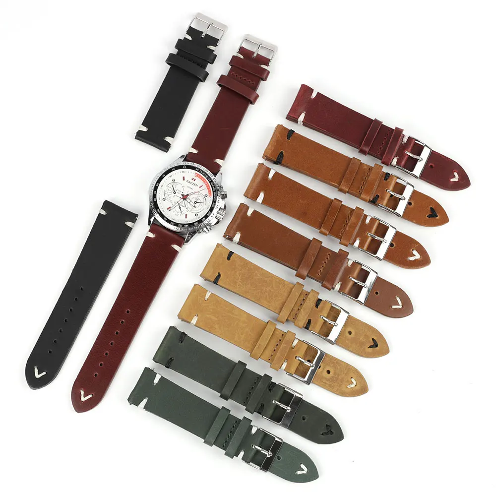 Retro Cow Leather Watch Strap 18mm 20mm 22mm 24mm High Quality Men Wristband Handmade Stitching Watchband Replacement Belts
