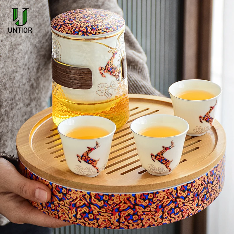 

Портативный керамический набор чайников и чашек UNTIOR с защитой от ожогов, Быстрая фильтрация, оборудование для путешествий, чайный набор с пакетиком для хранения