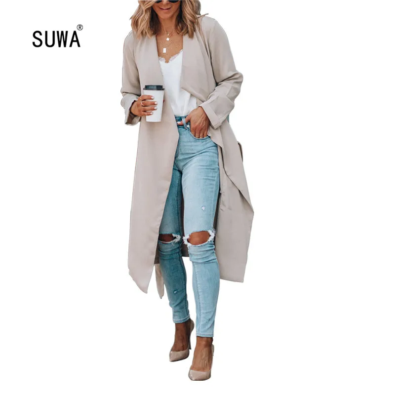 

Женский однотонный кардиган, Классическая уличная одежда, длинный Тренч с длинным рукавом и V-образным вырезом, 3 цвета, весна 2020