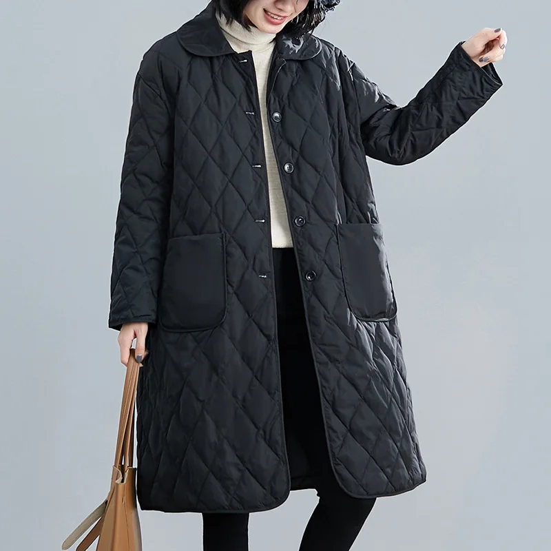 Women Fashion Black Argyle Coats 2021 Winter Women Elegant Turn Down Collar Cotton Jackets Single-breasted Warm Long Parkas
