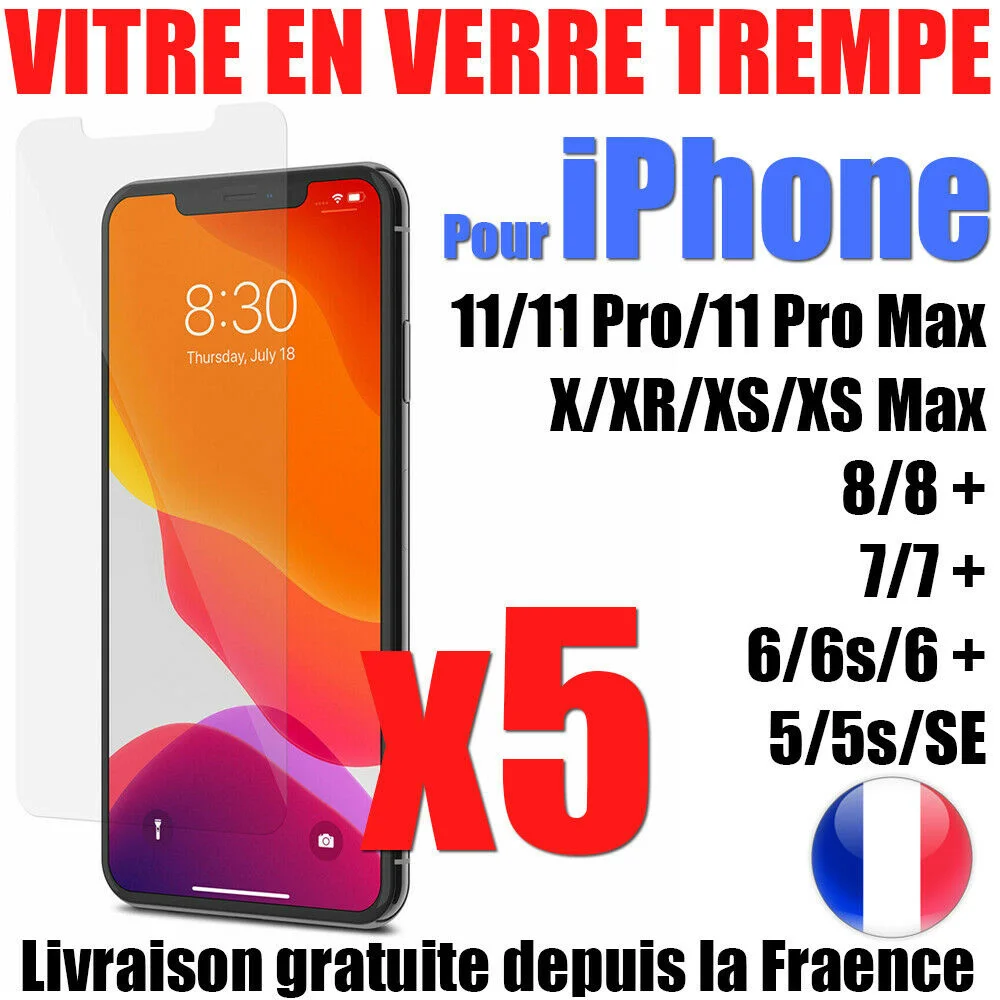 

VITRE PROTECTION VERRE TREMP FILM FOR IPHONE XR XS 11 PRO MAX/12/MINI/8 7 6S LOT 5