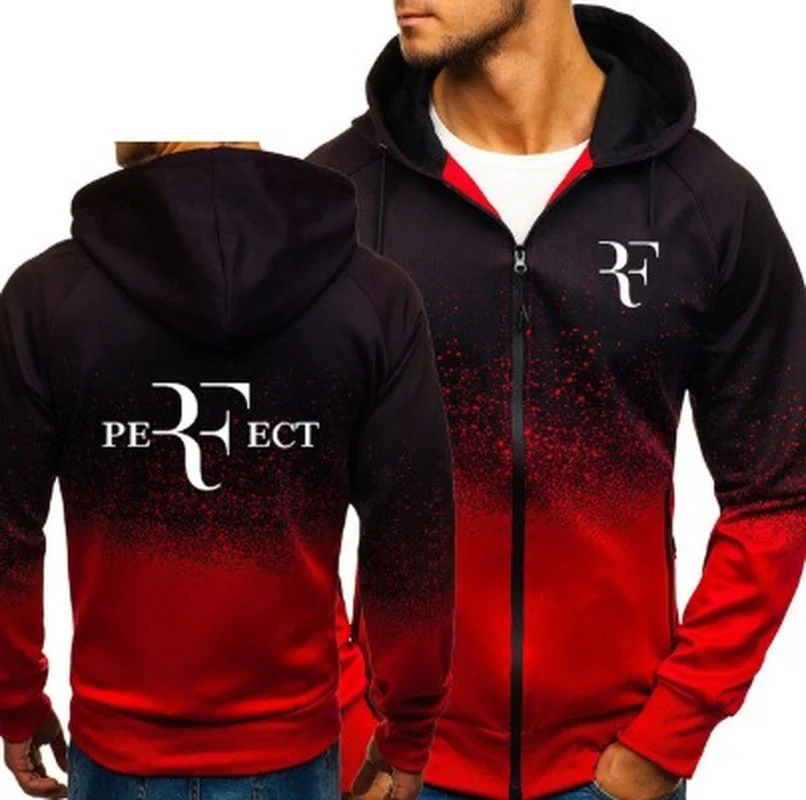 

2021NEW RF Roger Federer Print Sweatshirt Gradient Hoodies Men Spring Autumn Fleece Zipper Jacket Mens Hoodie Clothing
