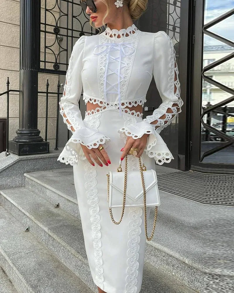 

Женское платье с длинным рукавом, кружевное контрастное платье с вырезом и Расклешенным рукавом, Осень-зима 2021