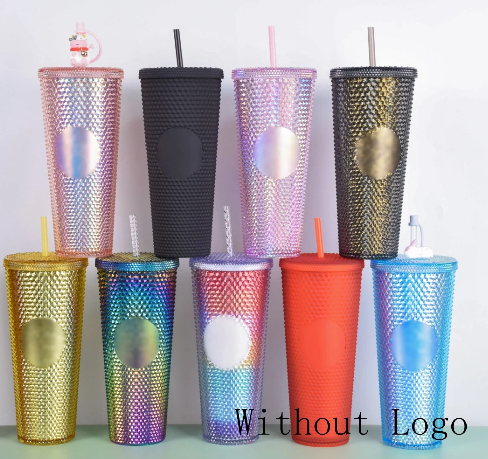 

Summer 710ml Cold Coffee Cup Studded Tumbler Cups With Straw Double Layer Plastic Durian Diamond Radiant Goddess Water Cup Mugs