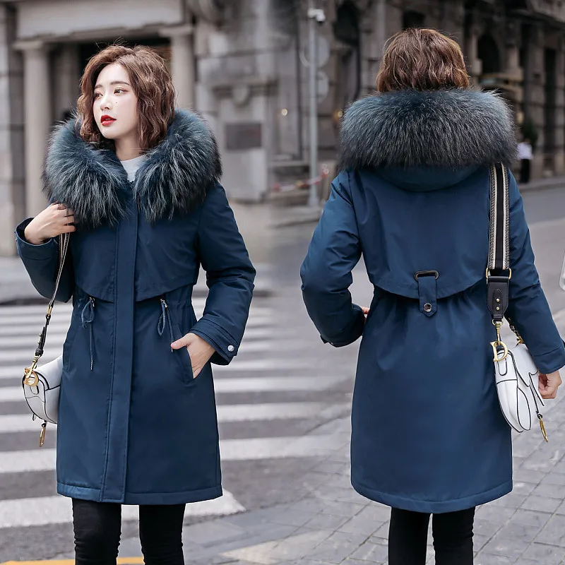 

2022 Women Winter Thick Jacket Wool Liner Parkas Warm Mid-Long Jackets Hooded Parka Fur Inside Cotton Coat Female Plus Size