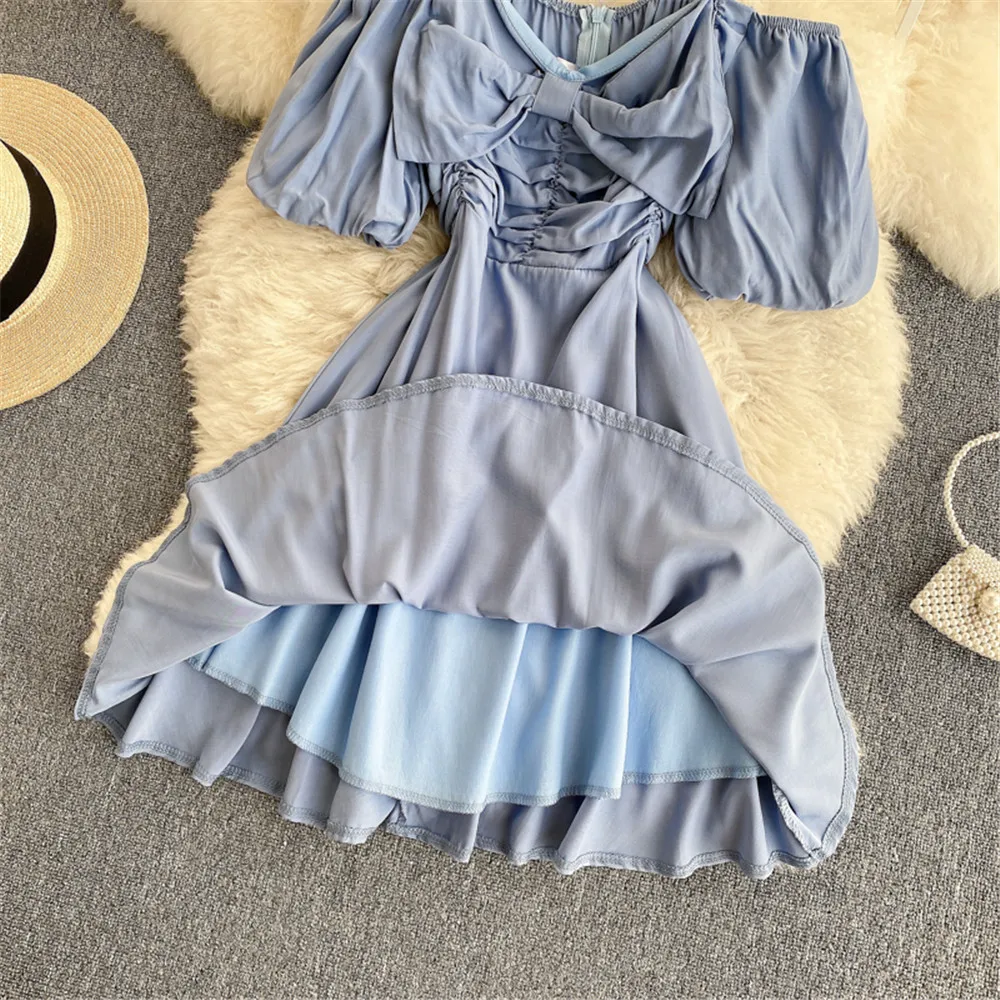 

Women Hollow Bow Sling Dress 2021 Summer One Shoulder Puff Sleeve Slim Mini Strap Dresses Sexy Party Gown Female Clothing 2021