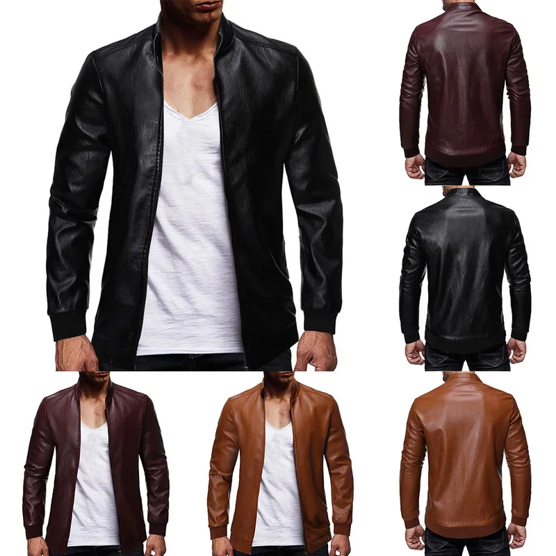 2019 Мужская модная Классическая кожаная куртка на молнии Осенняя мотоциклетная с
