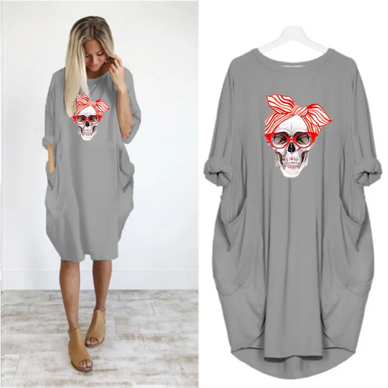 

Pregnant Plus Size Women Dress Jocular Skull Print Long Sleeve Pocket Casual Streetwear Vestidos Woman Dresses Robes Femme