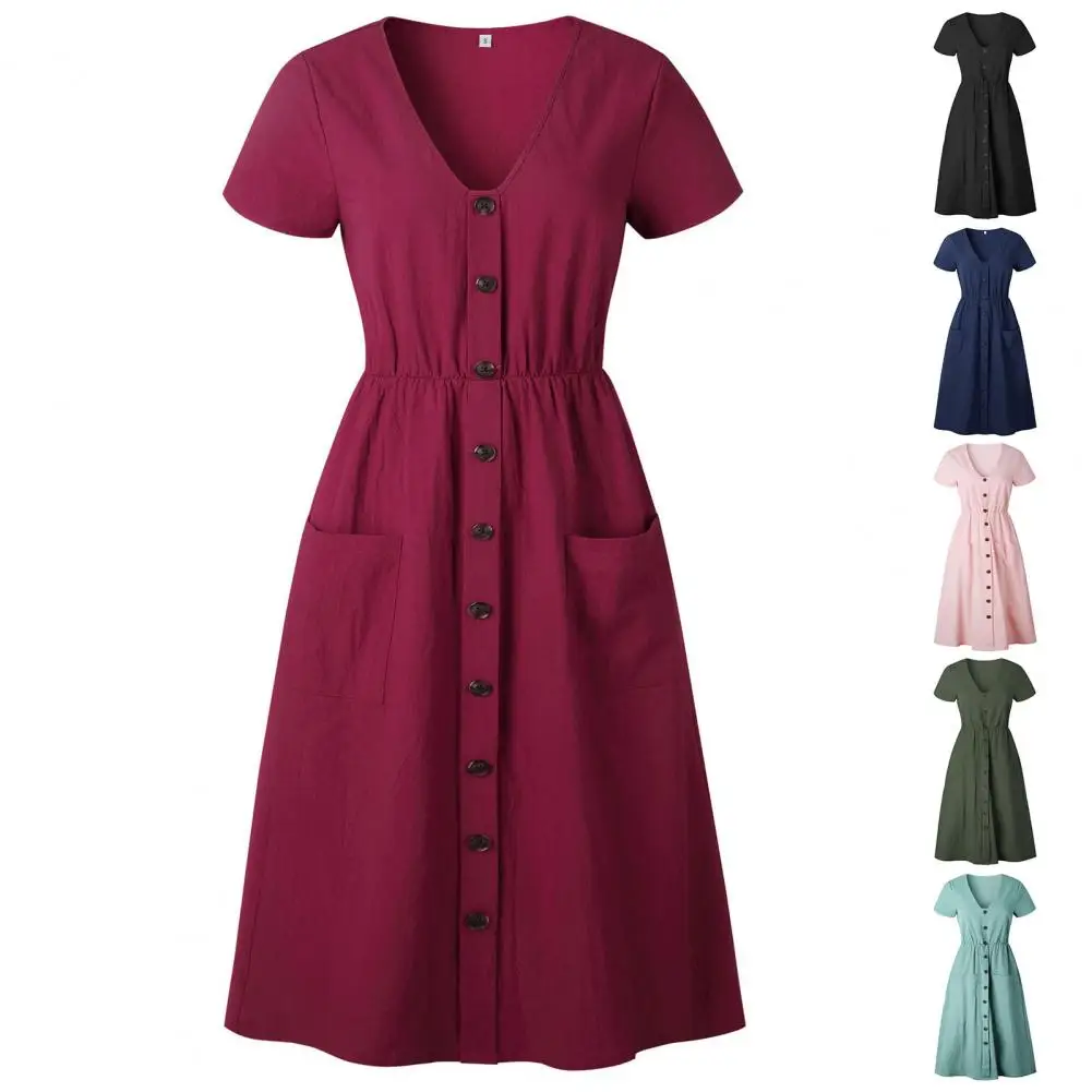 

2021 New Fashion Women V-neck Knee Length Buttons Pocket Skin Friendly Slim Party Slim A-line Dress Beachwear