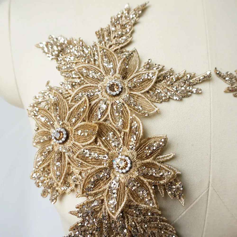 2 шт. стразы с золотыми блестками Кружевная аппликация шитье цветочная ткань
