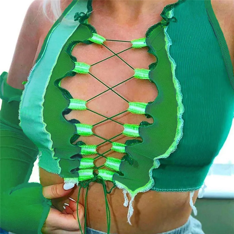 Сексуальные женские укороченные топы рубашка топ на шнуровке ажурный сетчатый