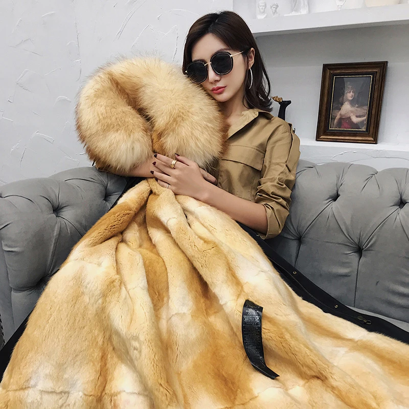 Fashion New Parka Coat Female Fur Lining Coat Raccoon Fur Collar Thick Section Warm Long Section High-end Fur Parka Coat Street