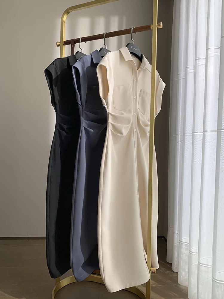 

Women Chic Fashion Button-Up Draped Midi Shirt Dress Vintage Short Sleeve Single Breasted Female Dresses Vestidos B506