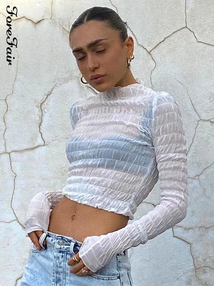 

Forefair 2021 Winter Y2k Women Sexy T Shirts Vintage Autumn Fashion O Neck See Through Ladies White Long Sleeve Top Casual