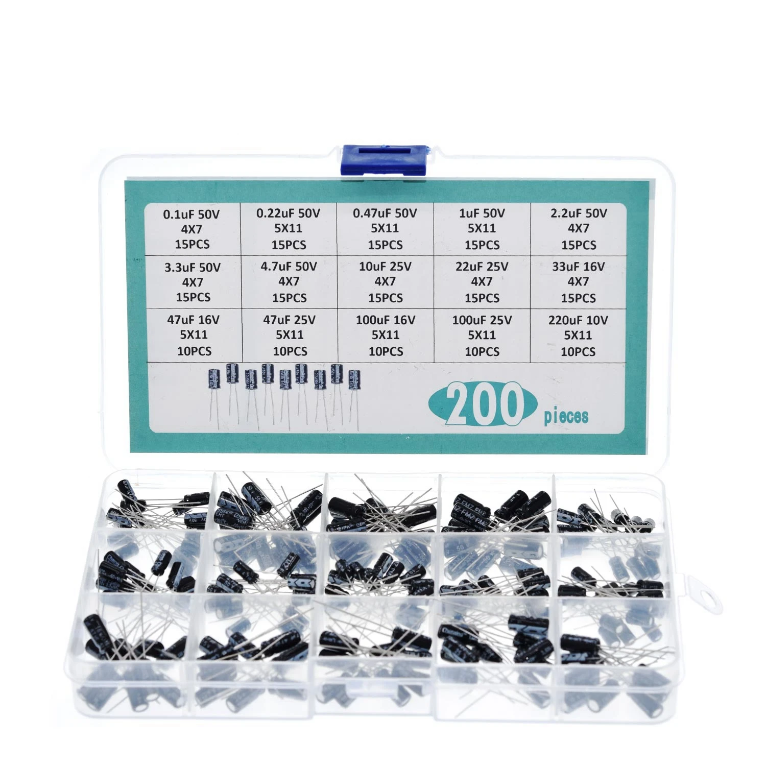 

200pcs/lot Radial capacitors set 15Values 0.1uF-220uF Electrolytic Capacitor Assortment Kit 10V/16V/25V/50V capacitor pack