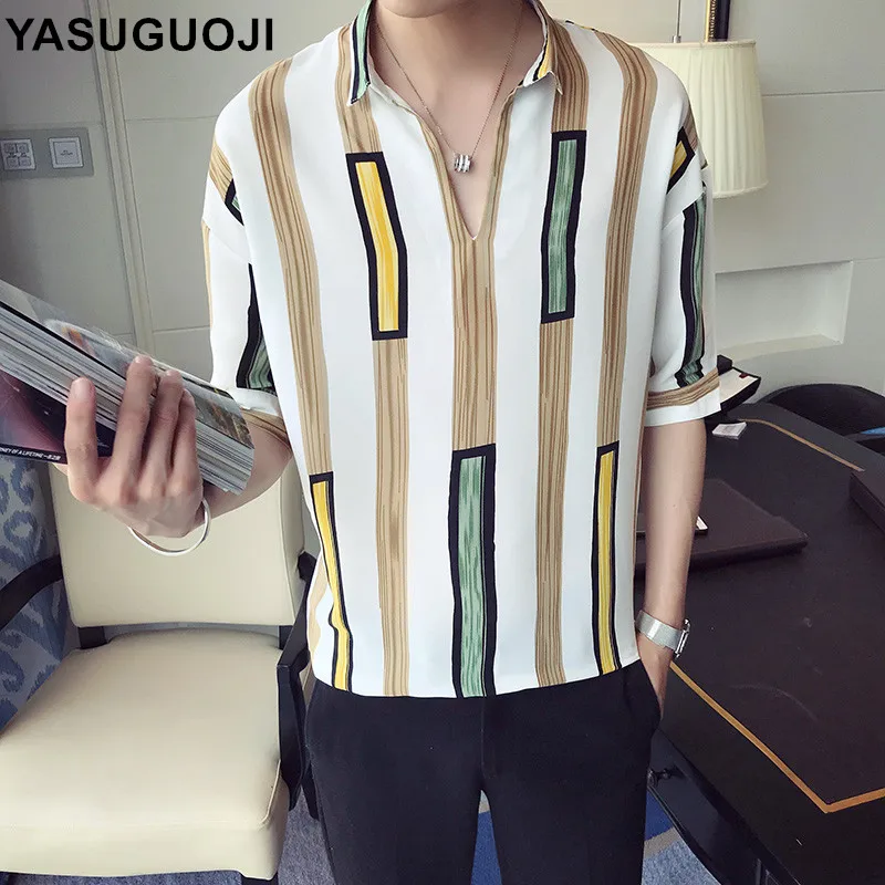 YASUGUOJI, новинка, Модные цветные полосатые Лоскутные разноцветные рубашки поло, мужские летние рубашки с v-образным вырезом и коротким рукавом, мужские Camisas Masculina