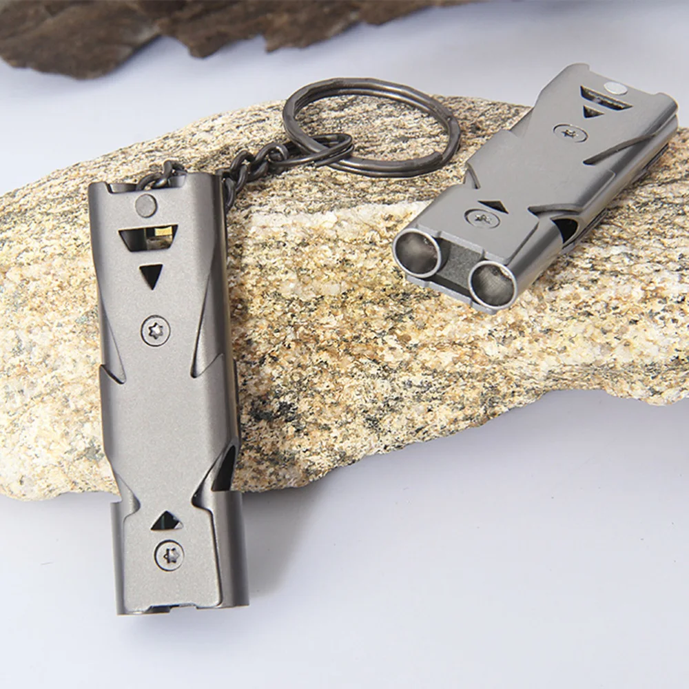 

Stainless Steel Whistle Dual Tubes Whistle with Keychain Outdoor Survival Whistle For School Gym Camping Hiking Training (Silver