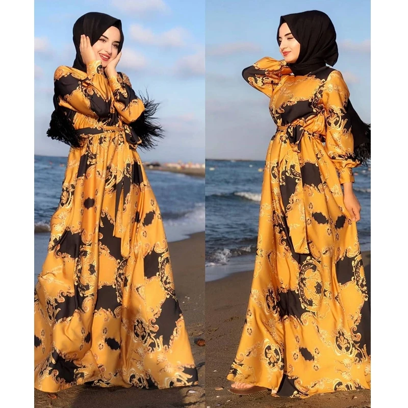 

WEPBEL Muslim Dress Women's Casual O-Neck Dress Spring and Autumn Fashion Long-Sleeve Print Loose Lace-up Dress Arab Dubai