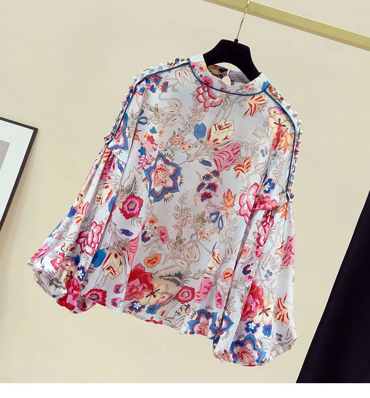 

Spring autumn women's long lantern sleeve flower print shirt female fashion casual loose chic shirt blouse TB1049
