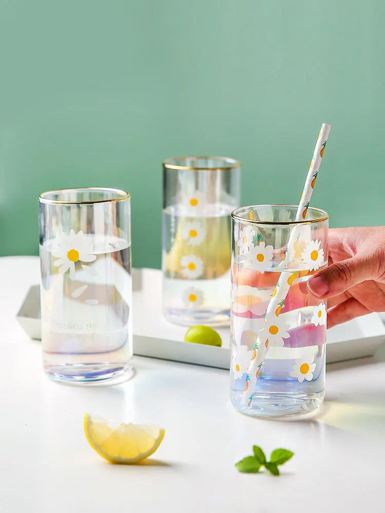 

Little Daisy Colorful Golden Trim Glass Fresh and Lovely Cup Drink Cup Household
