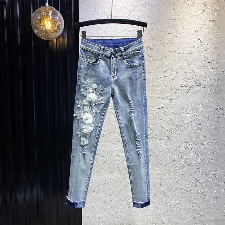

Jeans For Women Slim Stretch Ripped Jeans Beading Flower Embroidery Vintage Light Blue Skinny Pencil Pants Women Jeans
