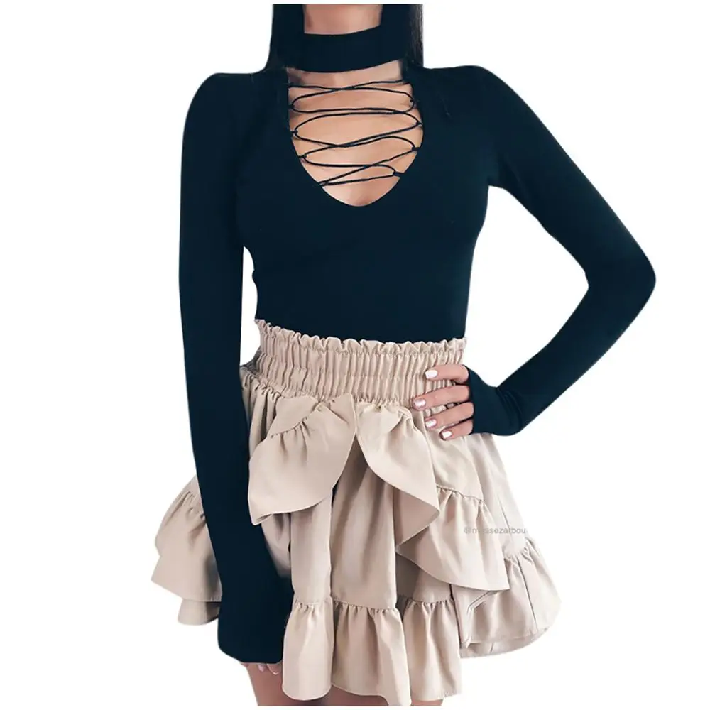 Женский комбинезон сексуальный глубокий v-образный вырез длинный рукав шнуровка