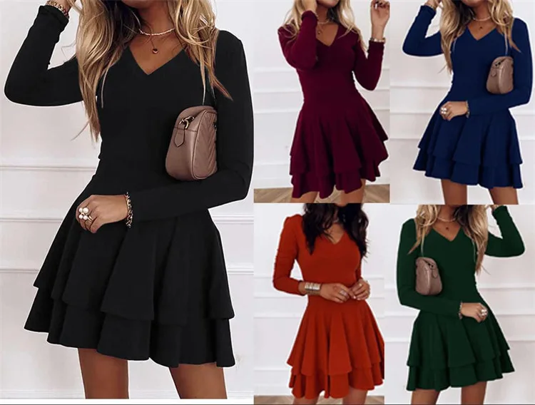 

2021 Autumn New Hot Sale European and American Women's Clothing Casual Solid Color Women Dress Temperament Commute Sheath Dress