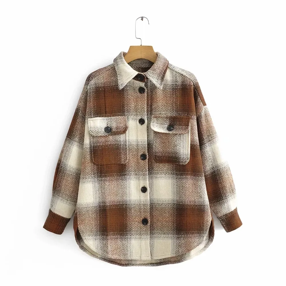 Pockets Blouses Women Fashion Plaid Printed Shirts Women Elegant Long Sleeve Buttons Tops Female Ladies