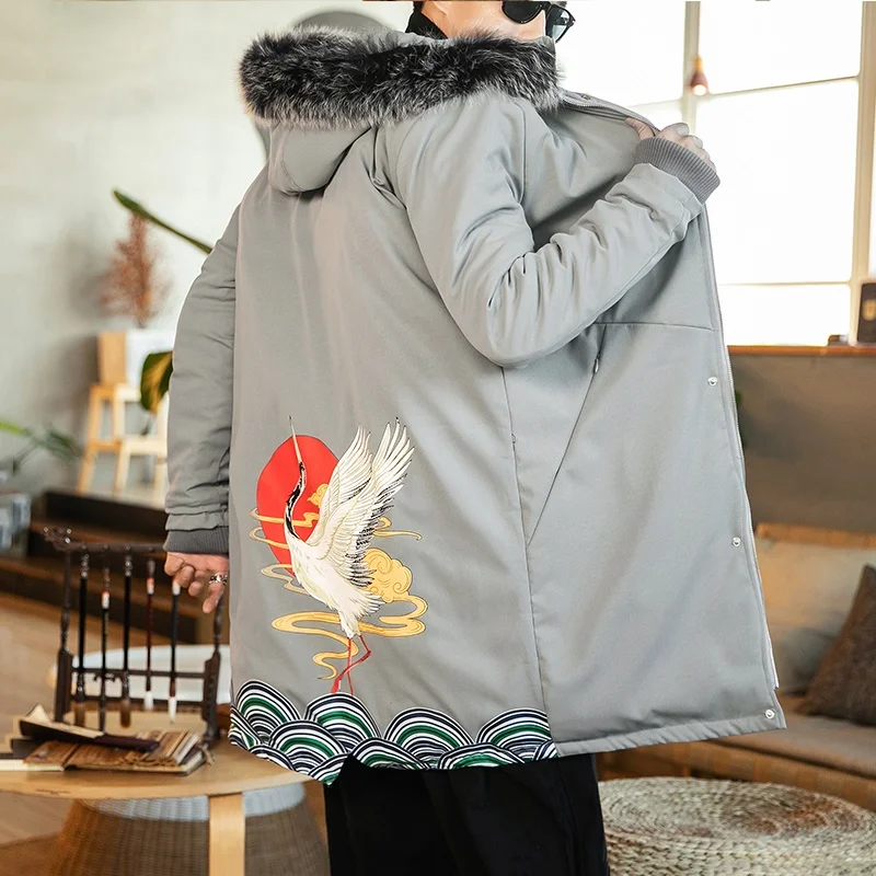 

2019 Retro Long Sleeve Parkas Men Winter Jacket Warm Oversized Coat Hip-Pop Printing Crane Hooded Long Jackets For Men KK3042