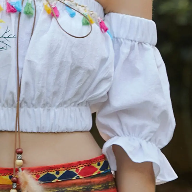 Женская футболка с открытыми плечами Boho летние белые рубашки открытой спиной