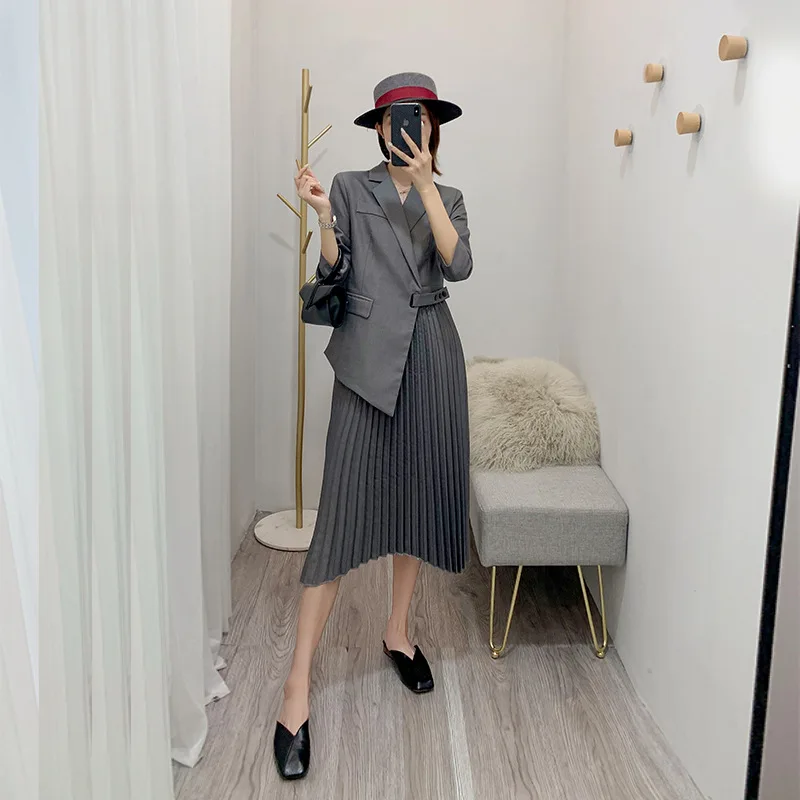 grey Женские юбки костюмы осенние европейские Новые женские модные трендовые юбки темперамент длинный рукав пояс тонкие костюмы с длинной юбкой - Цвет: grey
