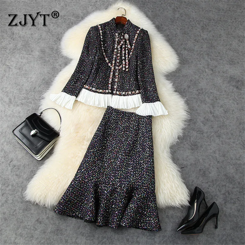 

Fashion Autumn Winter Runway Suit Women 2021 New Fashion Luxury Pearls Sequined Tweed Woolen Jacket and Skirt 2 Piece Dress Sets